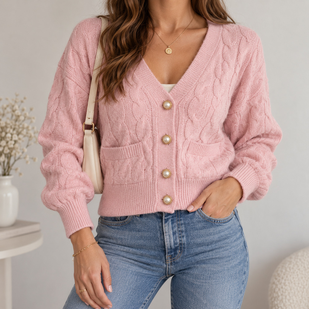 Jessica Simpson Pink Cable Knit Cardigan Sweater Size S Pearl Buttons Pockets